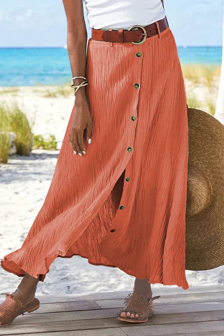 Dames Hoge Taille Knoopsluiting Linnen-Look Maxi Rok - Mandarin red
