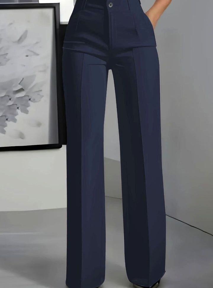 Dames Hoge Taille Rechte Broek met Voorplooi - Marineblauw