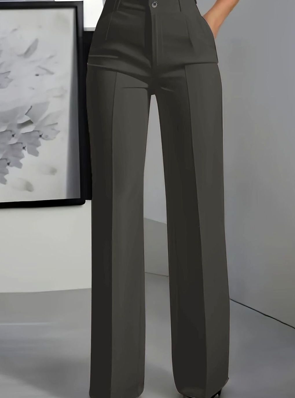 Dames Hoge Taille Rechte Broek met Voorplooi - Donkergrijs
