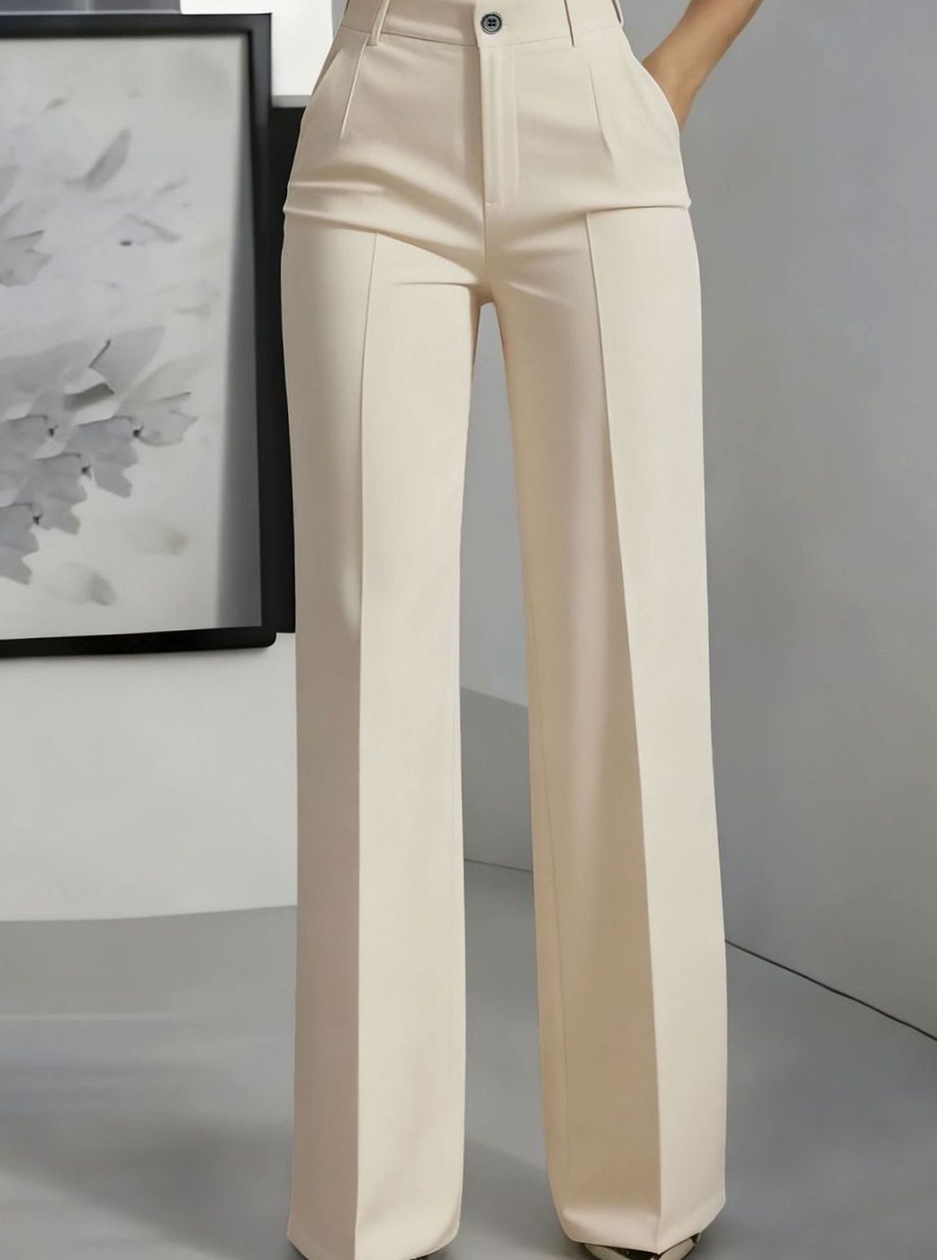 Dames Hoge Taille Rechte Broek met Voorplooi - Abrikoos