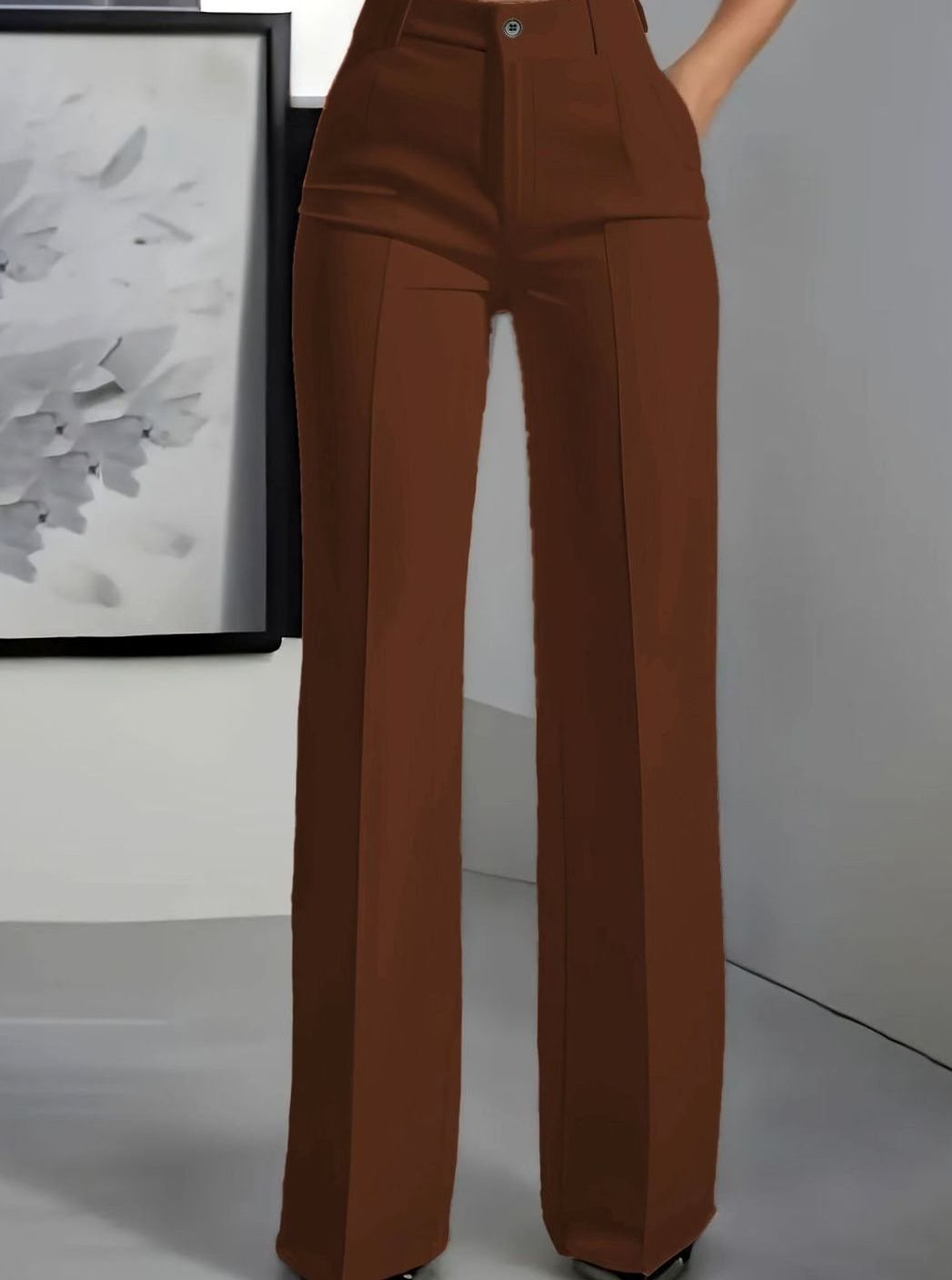 Dames Hoge Taille Rechte Broek met Voorplooi - Bruin