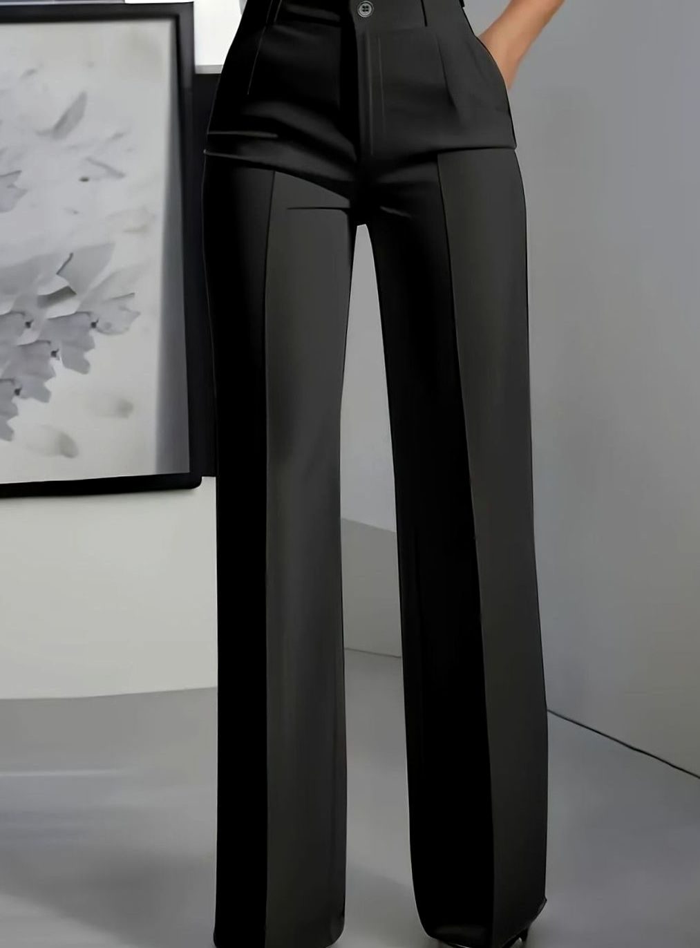 Dames Hoge Taille Rechte Broek met Voorplooi - Zwart