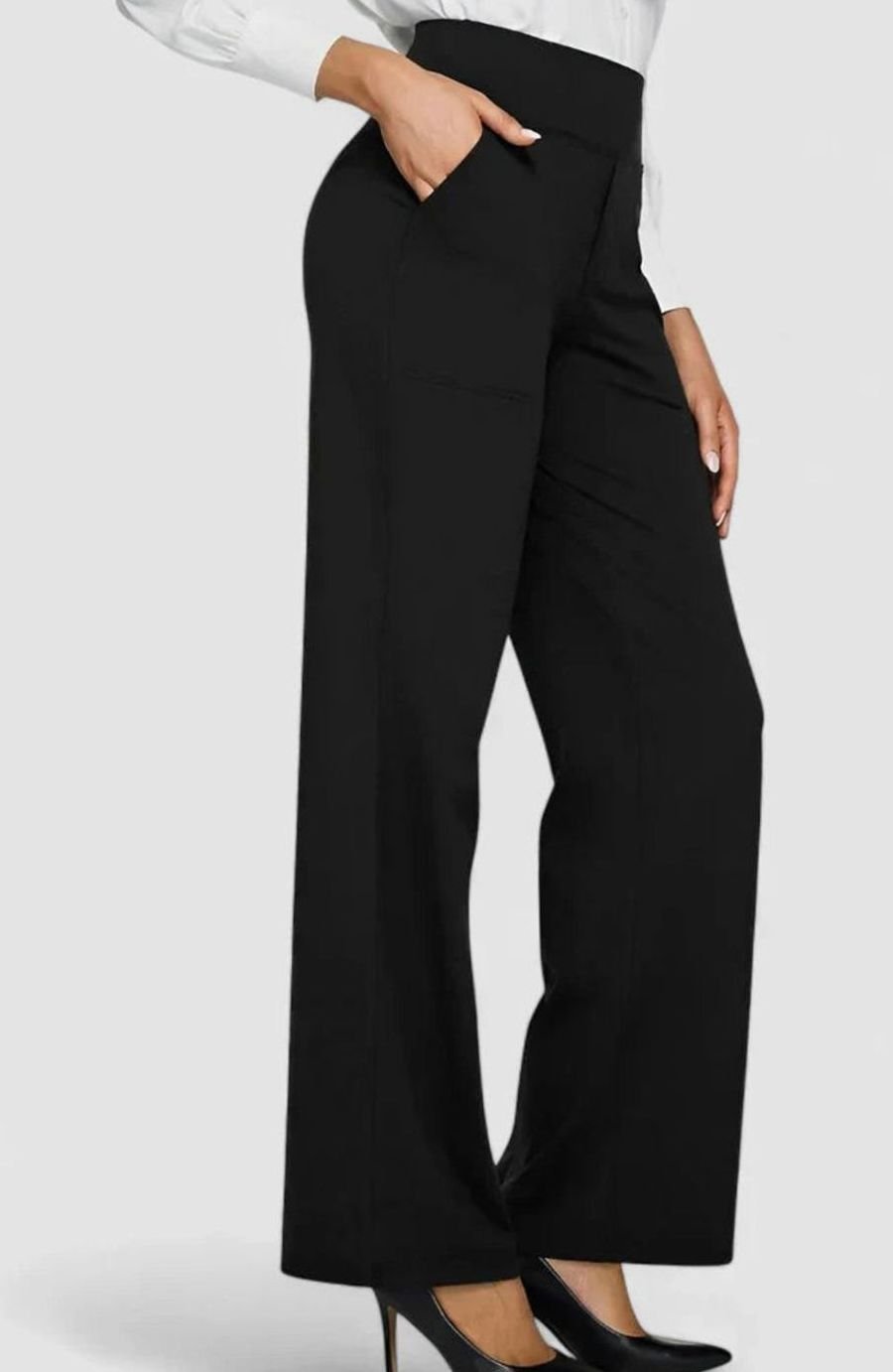 Dames Hoge Taille Rechte Broek met Zijzakken - Zwart
