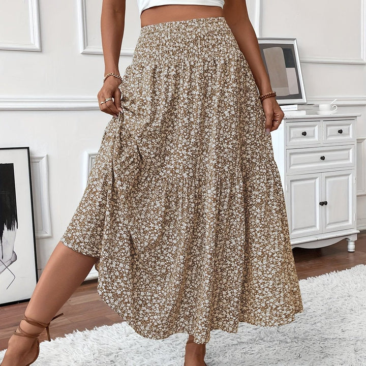 Dames Hoge Taille Uitwaaierende Bloemenprint Midi-rok - Kaki Bloem