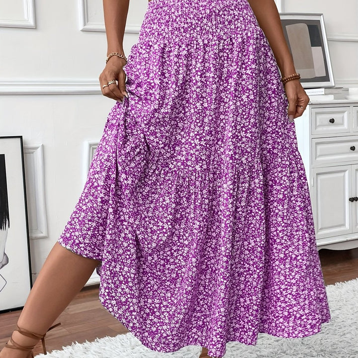 Dames Hoge Taille Uitwaaierende Bloemenprint Midi-rok - Paars