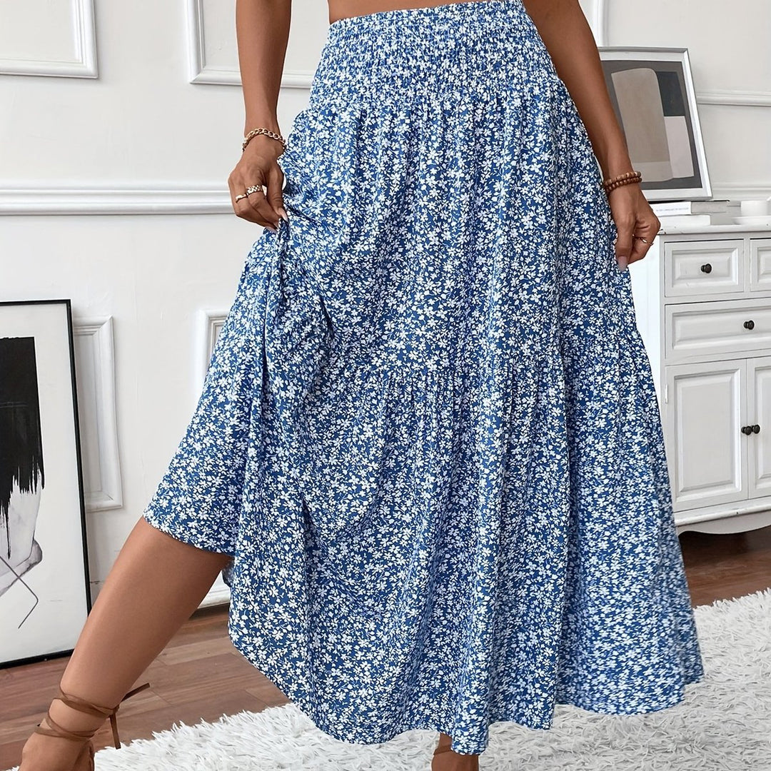 Dames Hoge Taille Uitwaaierende Bloemenprint Midi-rok - Blauw