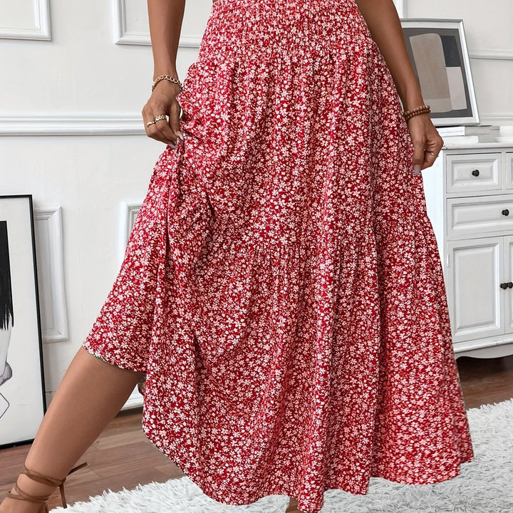 Dames Hoge Taille Uitwaaierende Bloemenprint Midi-rok - Rood