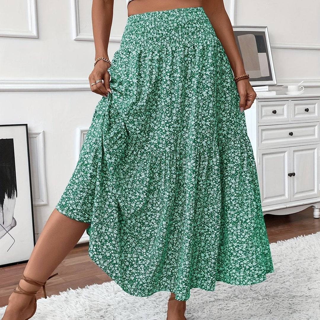 Dames Hoge Taille Uitwaaierende Bloemenprint Midi-rok - Groen