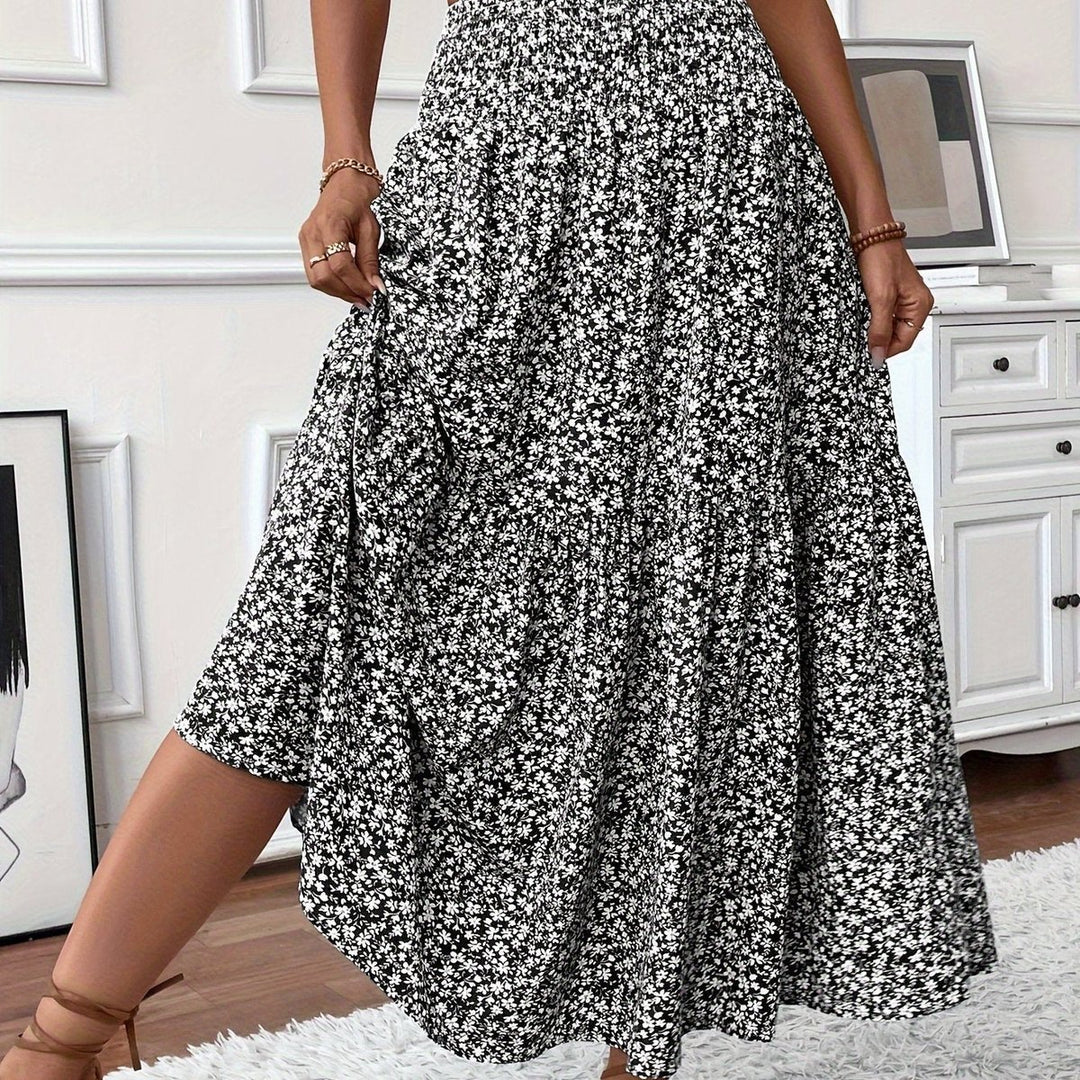 Dames Hoge Taille Uitwaaierende Bloemenprint Midi-rok - Zwart