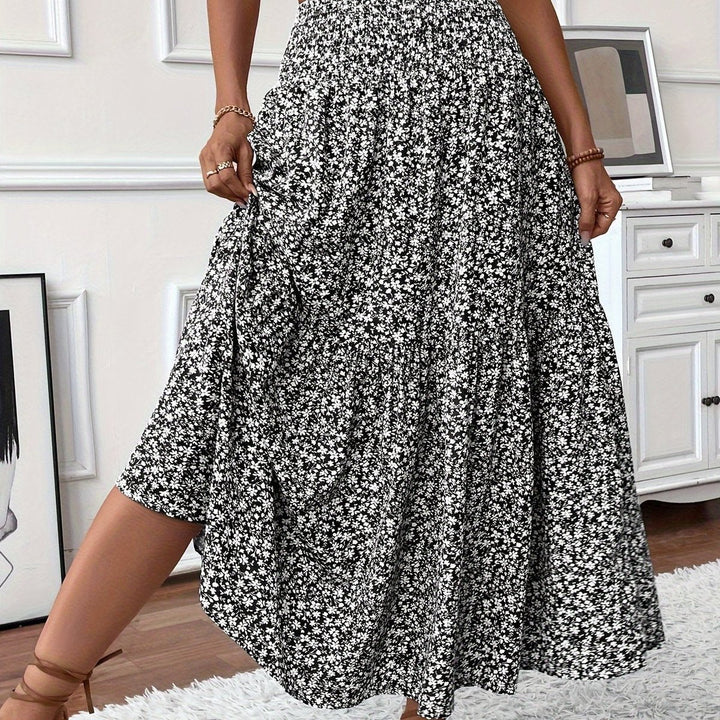 Dames Hoge Taille Uitwaaierende Bloemenprint Midi-rok - Zwart