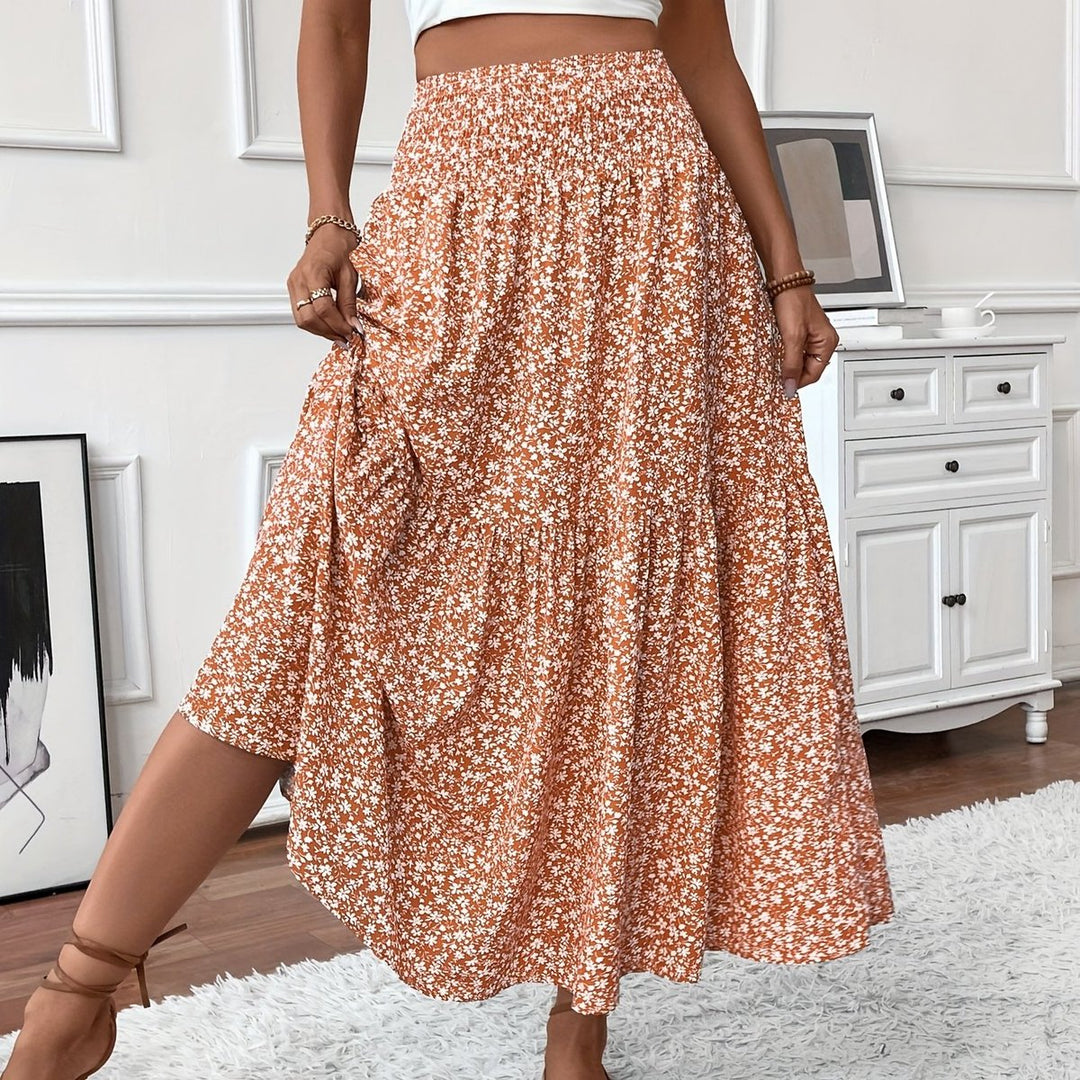 Dames Hoge Taille Uitwaaierende Bloemenprint Midi-rok - Oranjebloesem