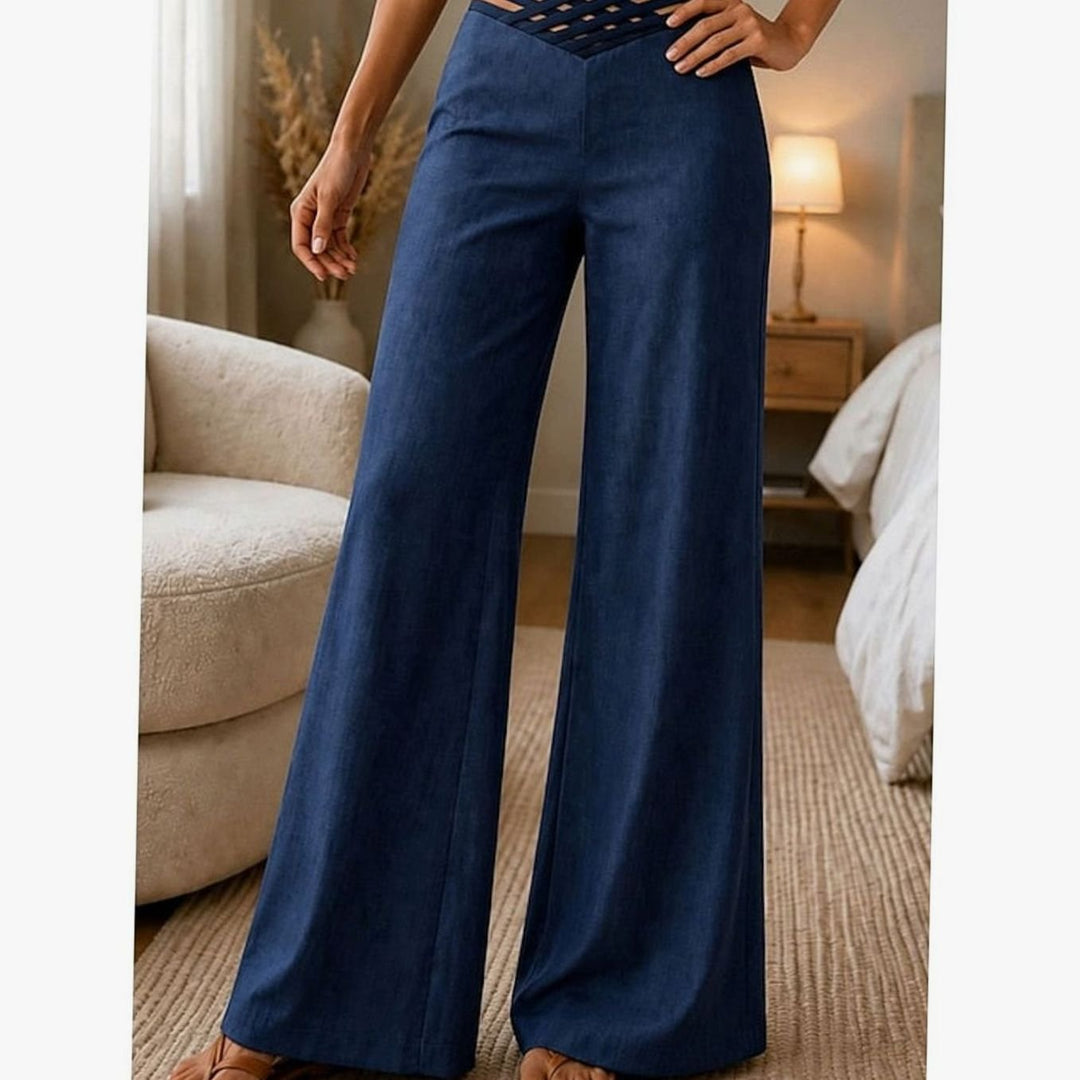 Dames Hoge Taille Wide Leg Broek Crossover Tailleband - Marineblauw