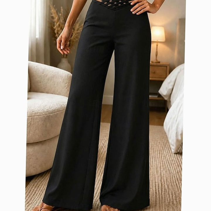 Dames Hoge Taille Wide Leg Broek Crossover Tailleband - Zwart