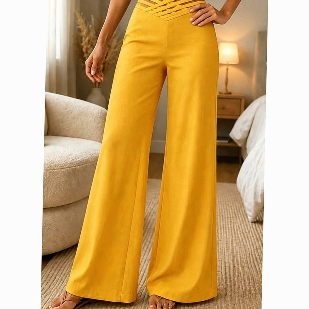 Dames Hoge Taille Wide Leg Broek Crossover Tailleband - Geel