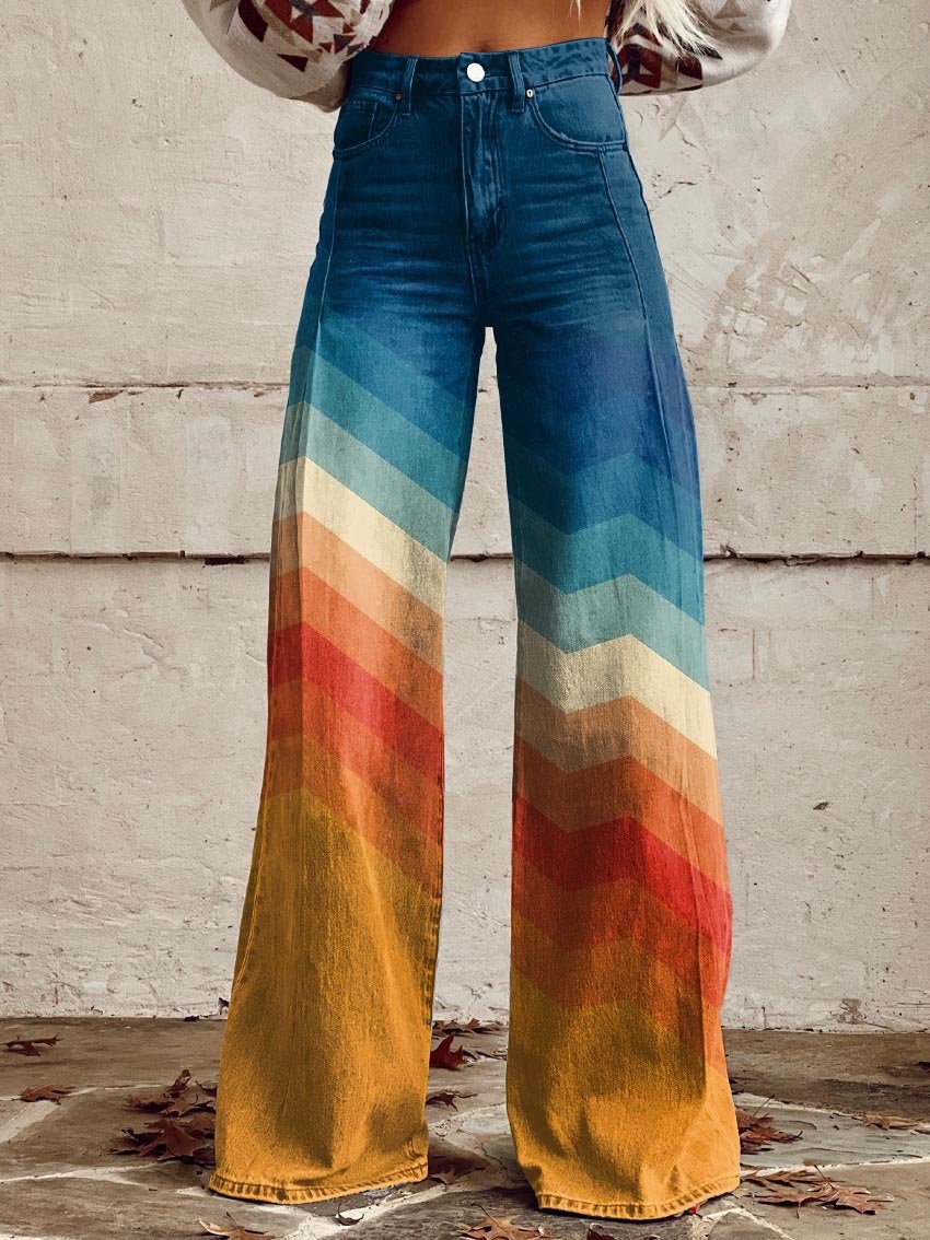 Dames Hoge Taille Wide-Leg Jeans Chevron Zonsondergang Print - Sunset Chevron