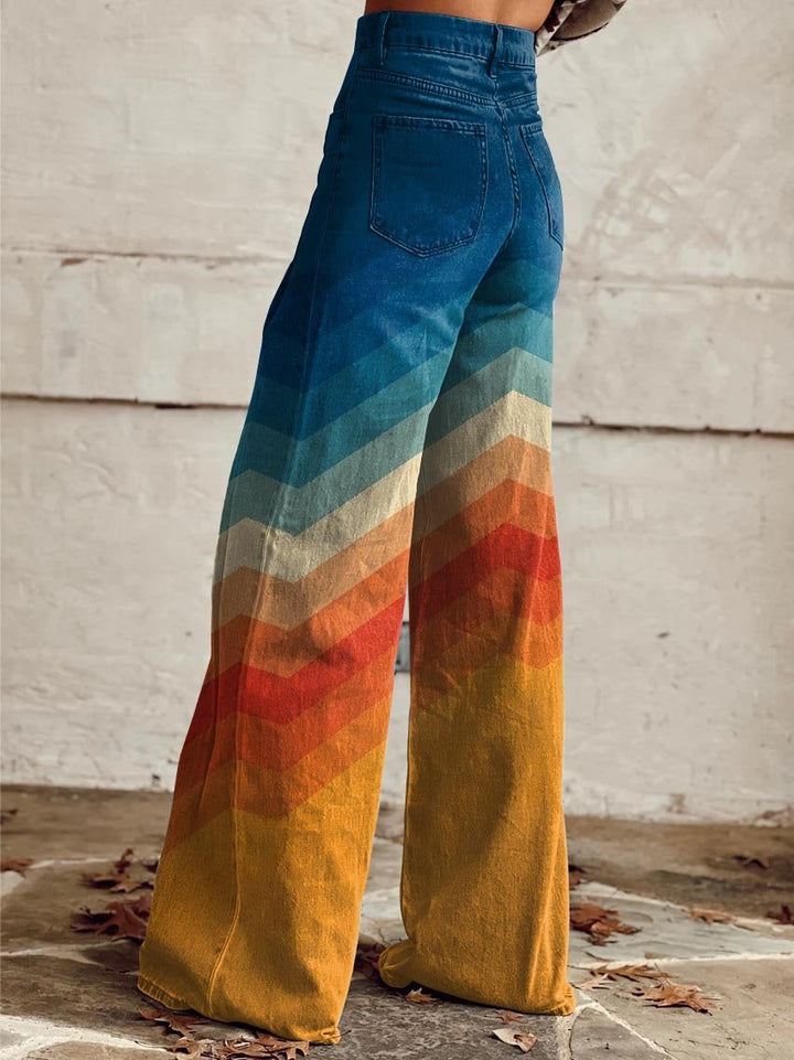 Dames Hoge Taille Wide-Leg Jeans Chevron Zonsondergang Print