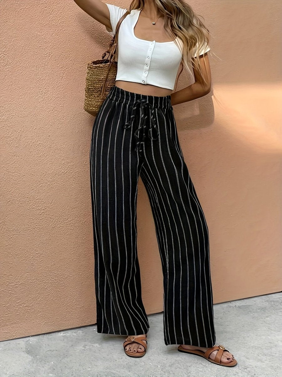 Dames Hoge Taille Wide Leg Pants Gestreept Linnen Stijl - Black
