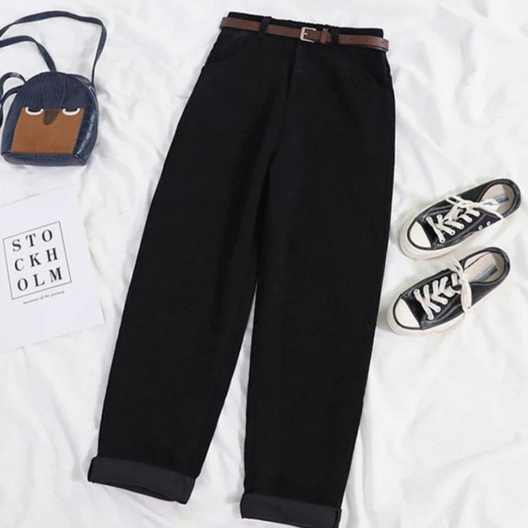 Dames Hoge Taille Wijde Corduroy Broek - Zwart