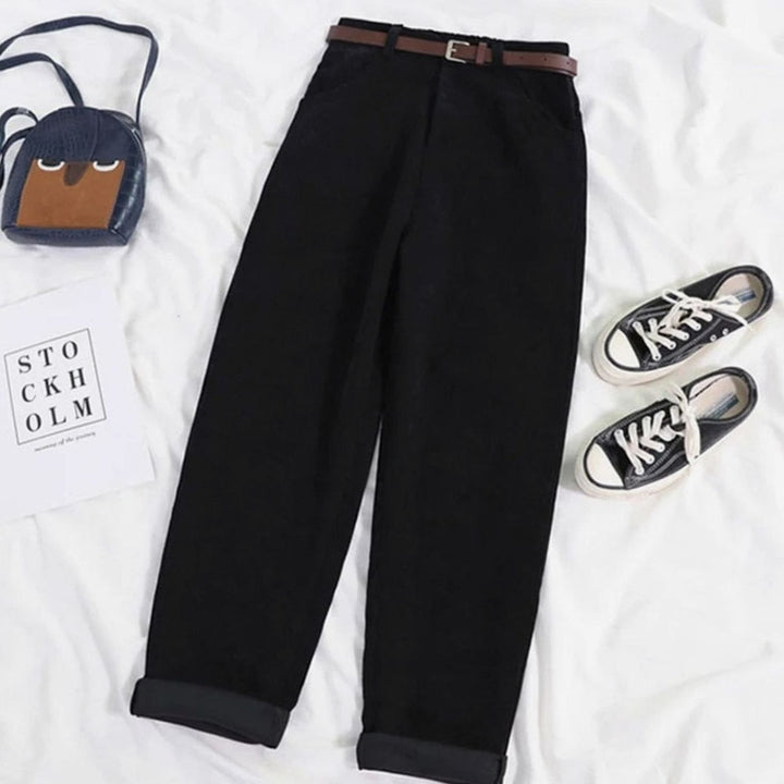 Dames Hoge Taille Wijde Corduroy Broek - Zwart