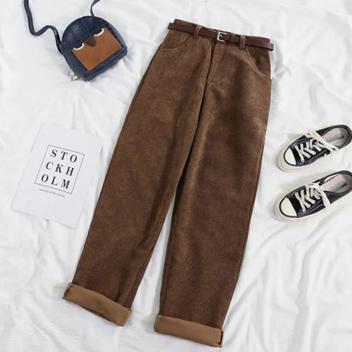 Dames Hoge Taille Wijde Corduroy Broek - Koffiebruin