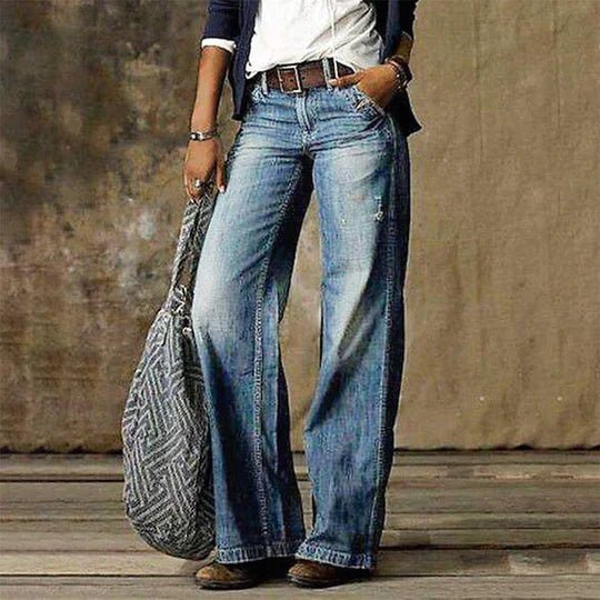 Dames Hoge Taille Wijde Pijp Retro Jeans - Light blue
