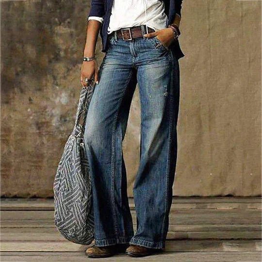 Dames Hoge Taille Wijde Pijp Retro Jeans - Blue