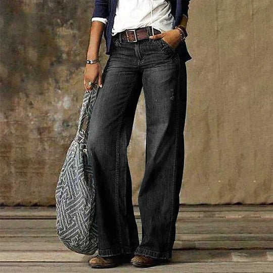 Dames Hoge Taille Wijde Pijp Retro Jeans - Black