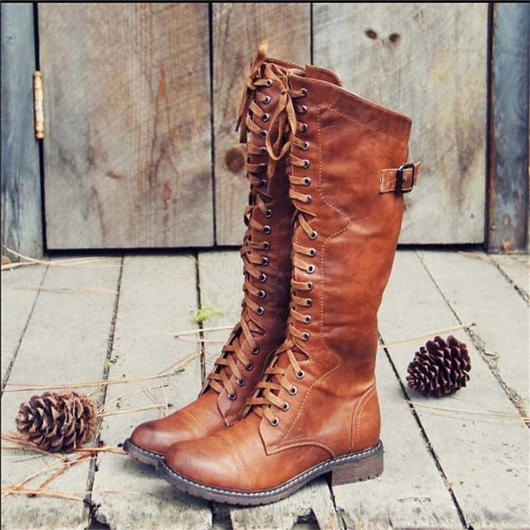 Dames Hoge Veterschoenen Kniehoge Rijstijl Laarzen - Bruin