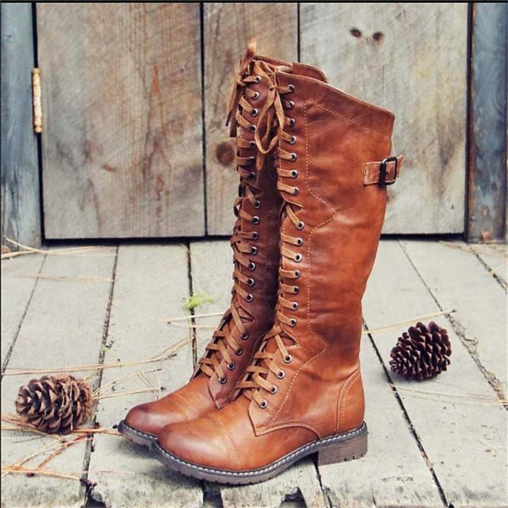 Dames Hoge Veterschoenen Kniehoge Rijstijl Laarzen - Bruin