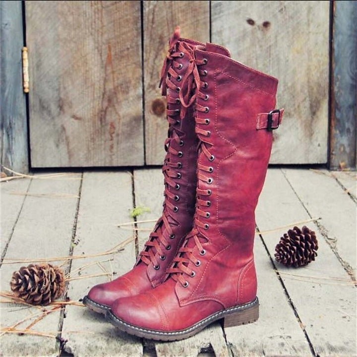 Dames Hoge Veterschoenen Kniehoge Rijstijl Laarzen - Rood