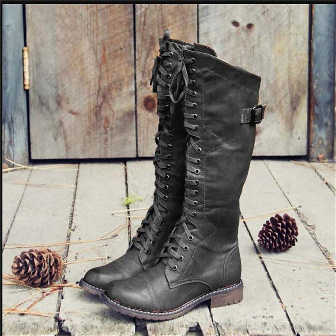 Dames Hoge Veterschoenen Kniehoge Rijstijl Laarzen - Zwart