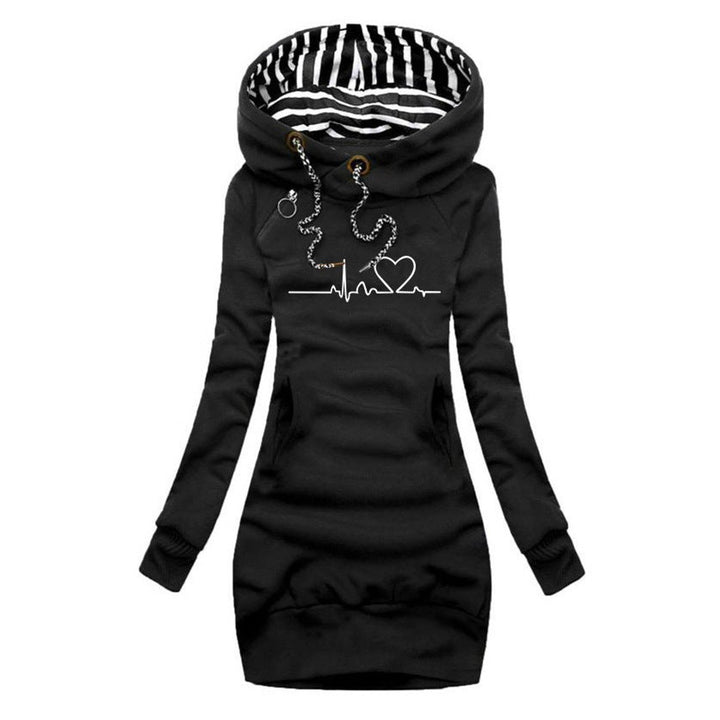 Dames Hoodie Long Sleeve Dress Hartslag Print Capuchon - Zwart