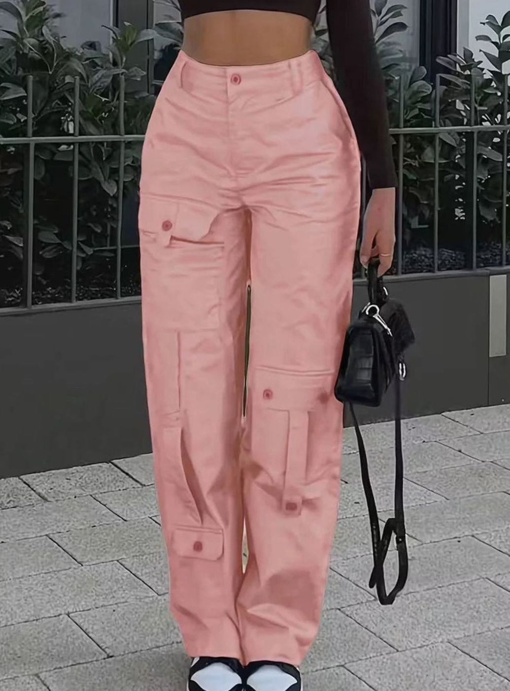 Dames Hooggetailleerde Straight-Leg Cargo Broek Meerdere Zakken - Roze