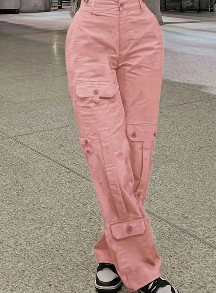 Dames Hooggetailleerde Straight-Leg Cargo Broek Meerdere Zakken