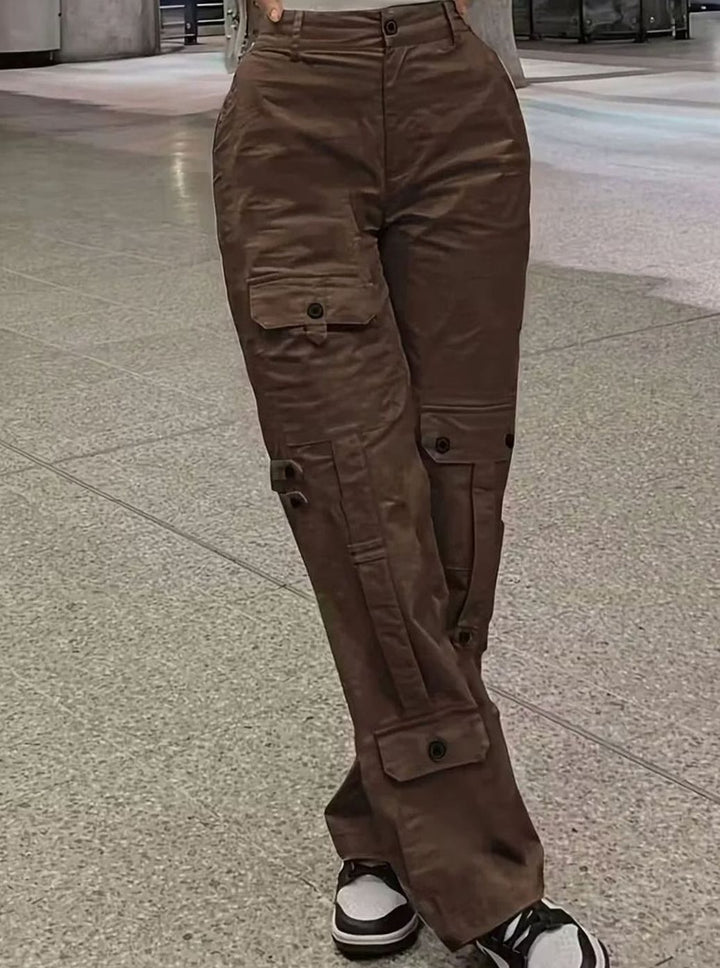 Dames Hooggetailleerde Straight-Leg Cargo Broek Meerdere Zakken