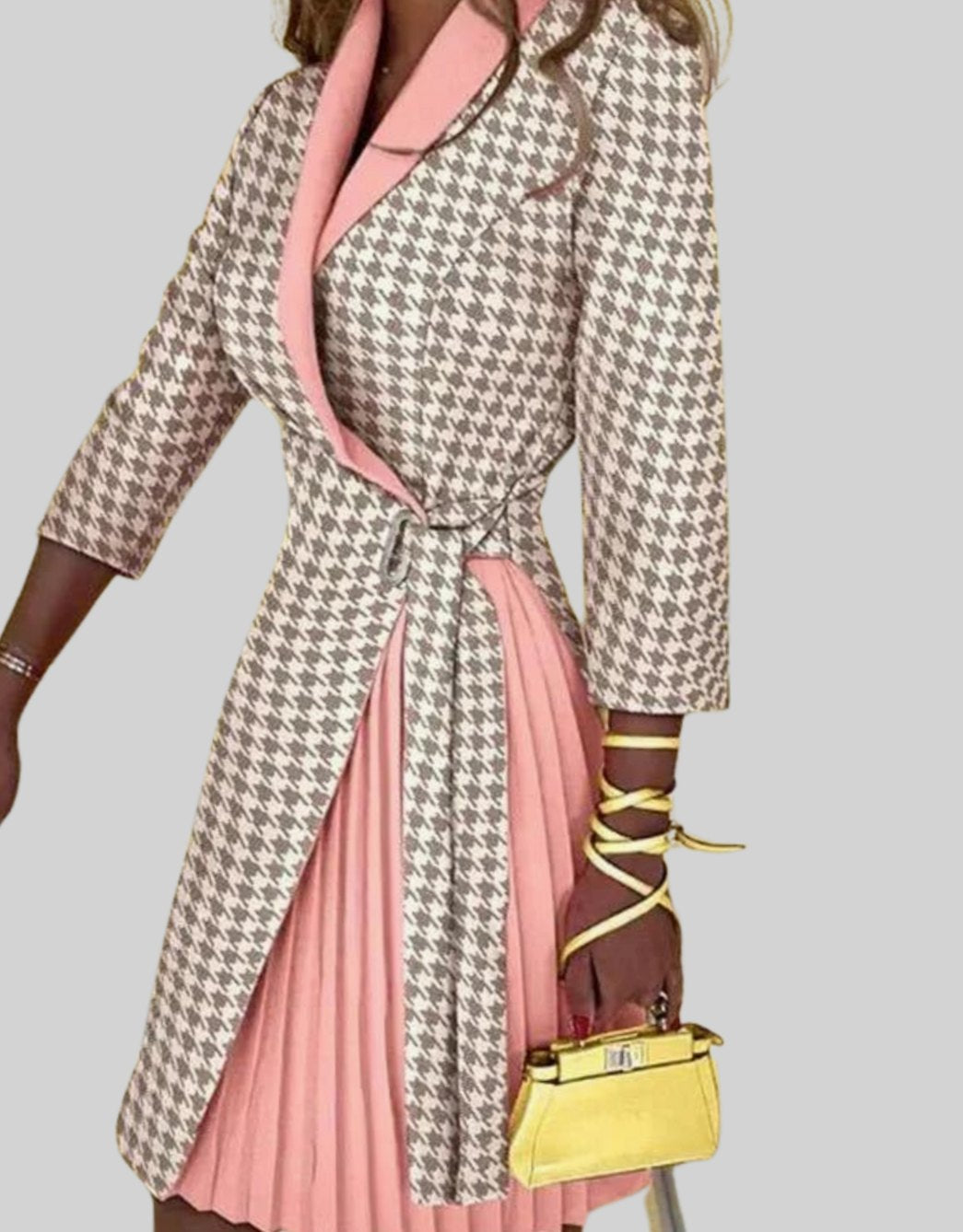 Dames Houndstooth Blazerjurk Geplooide Rok Knoopsluiting - Abrikoos