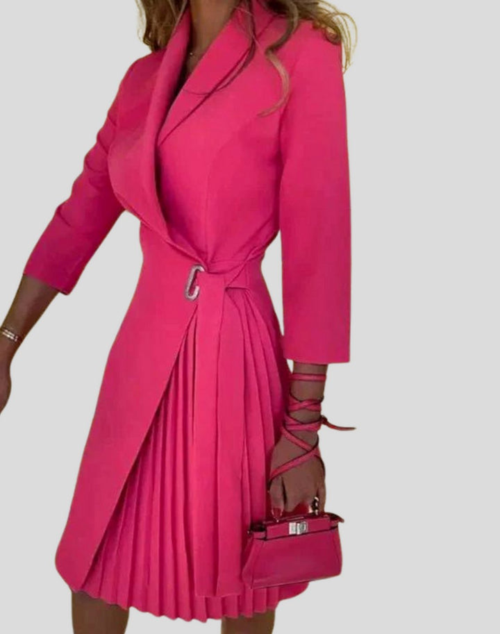 Dames Houndstooth Blazerjurk Geplooide Rok Knoopsluiting - Roze