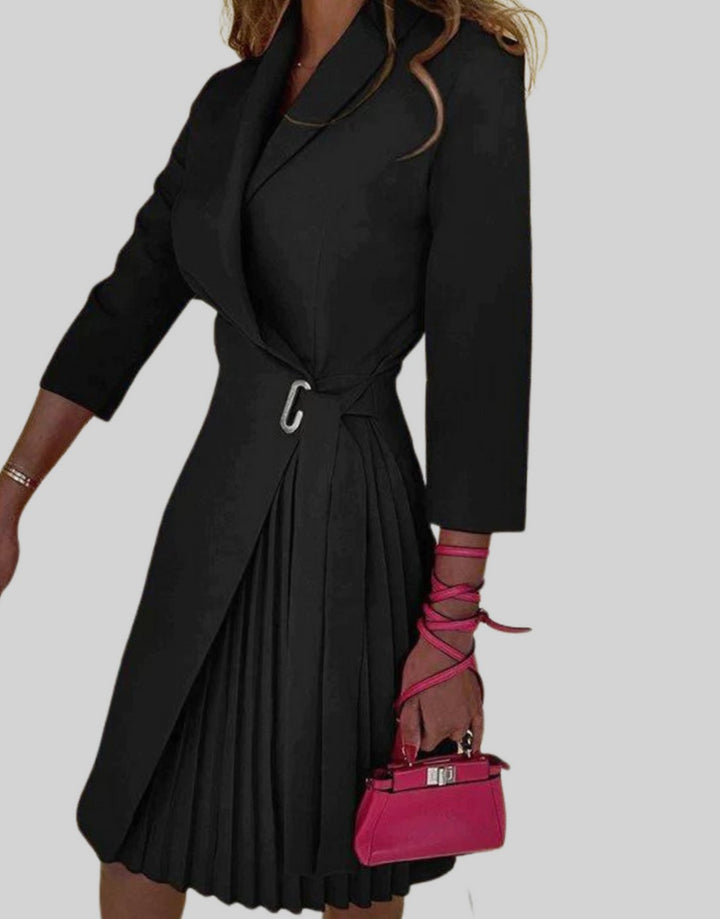 Dames Houndstooth Blazerjurk Geplooide Rok Knoopsluiting - Zwart
