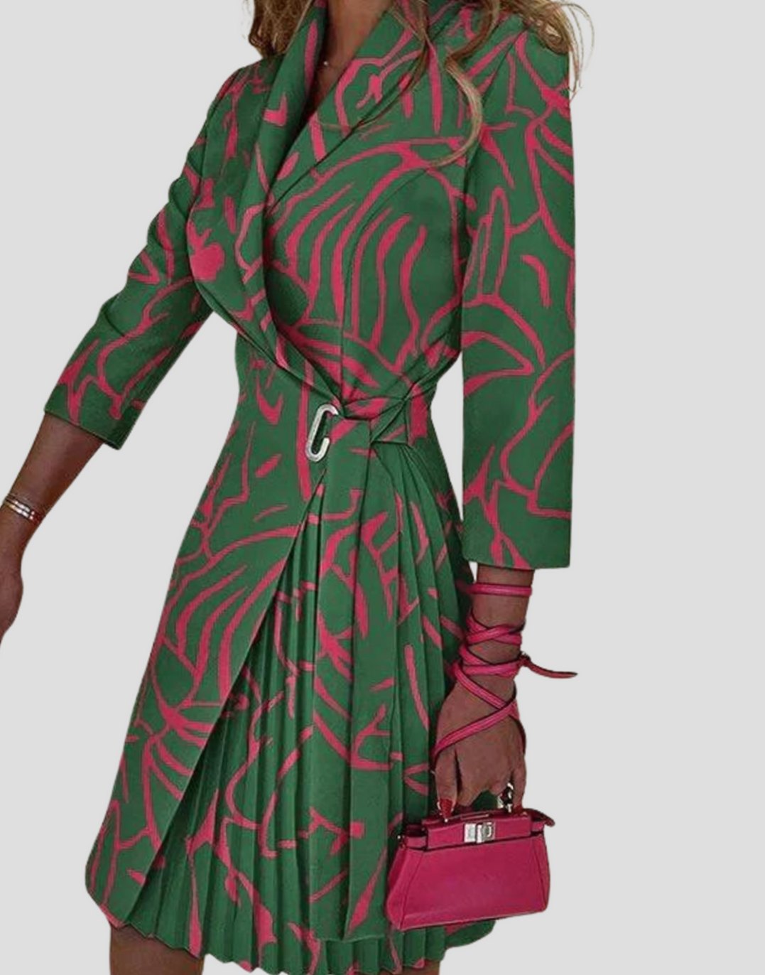 Dames Houndstooth Blazerjurk Geplooide Rok Knoopsluiting - Groen