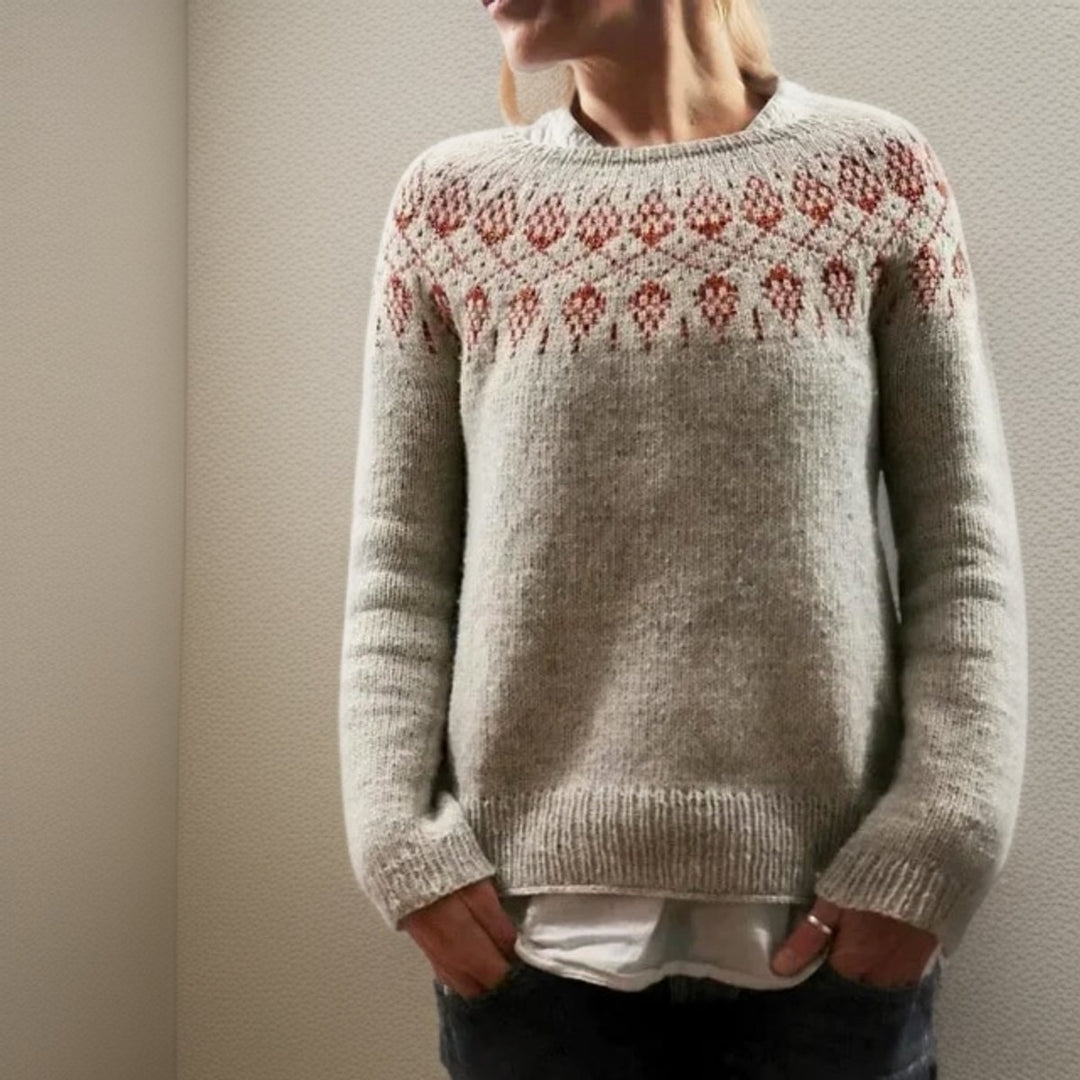 Dames IJslandse Knit Sweater Ronde Hals Extra Lange Mouwen - Grijs