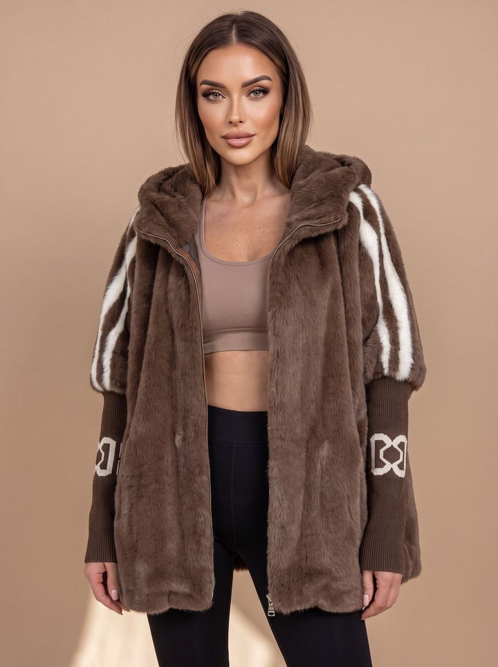 Dames Imitatiebont Hoodie Jas met Rits en Gebreide Mouwen - Bruin