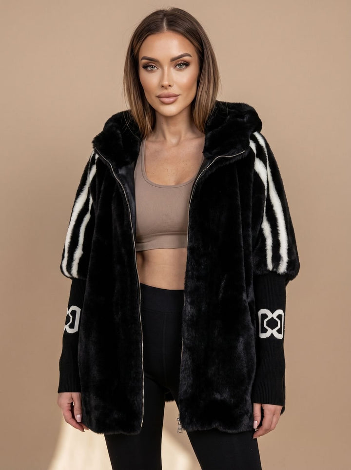 Dames Imitatiebont Hoodie Jas met Rits en Gebreide Mouwen - Zwart