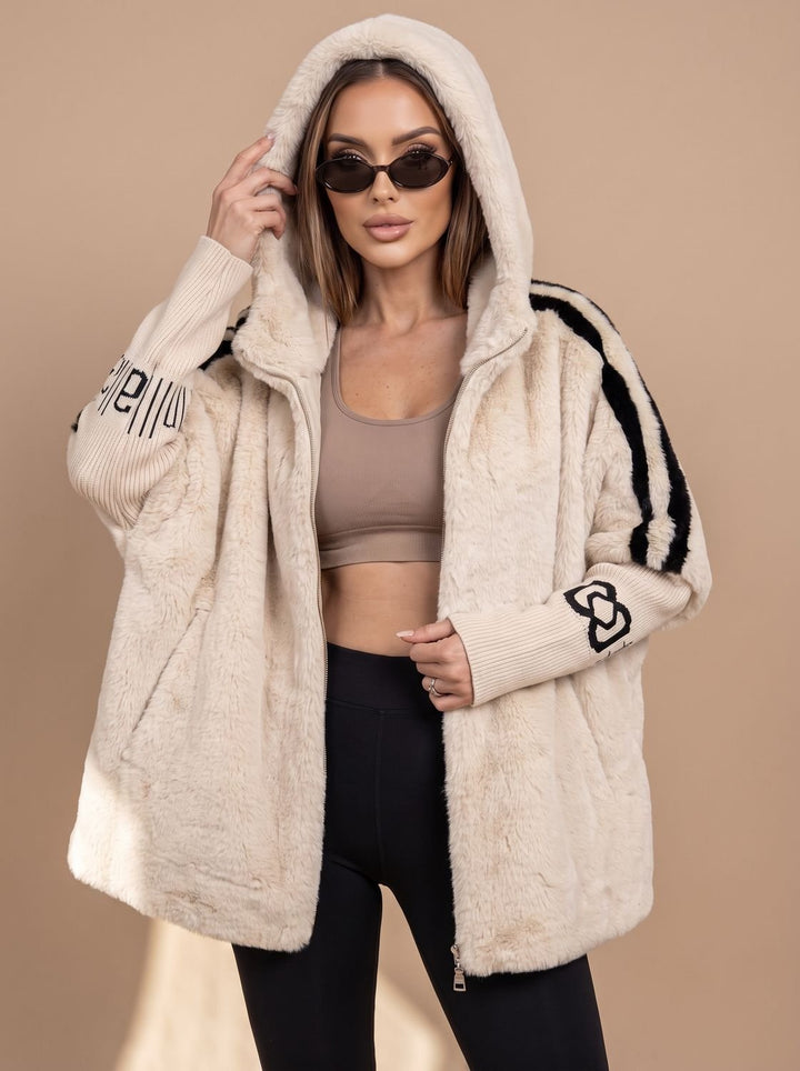 Dames Imitatiebont Hoodie Jas met Rits en Gebreide Mouwen - Beige