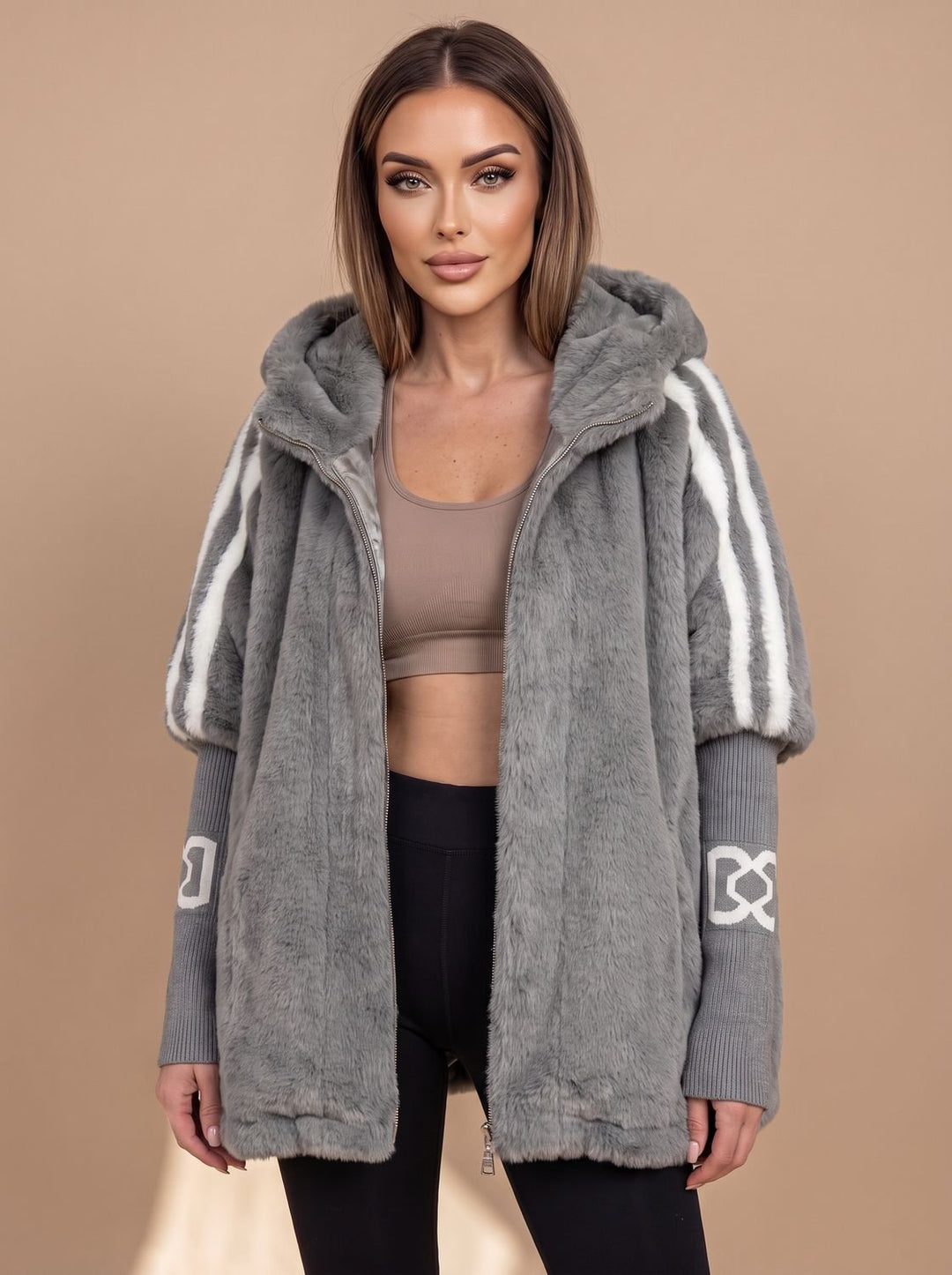 Dames Imitatiebont Hoodie Jas met Rits en Gebreide Mouwen - Grijs