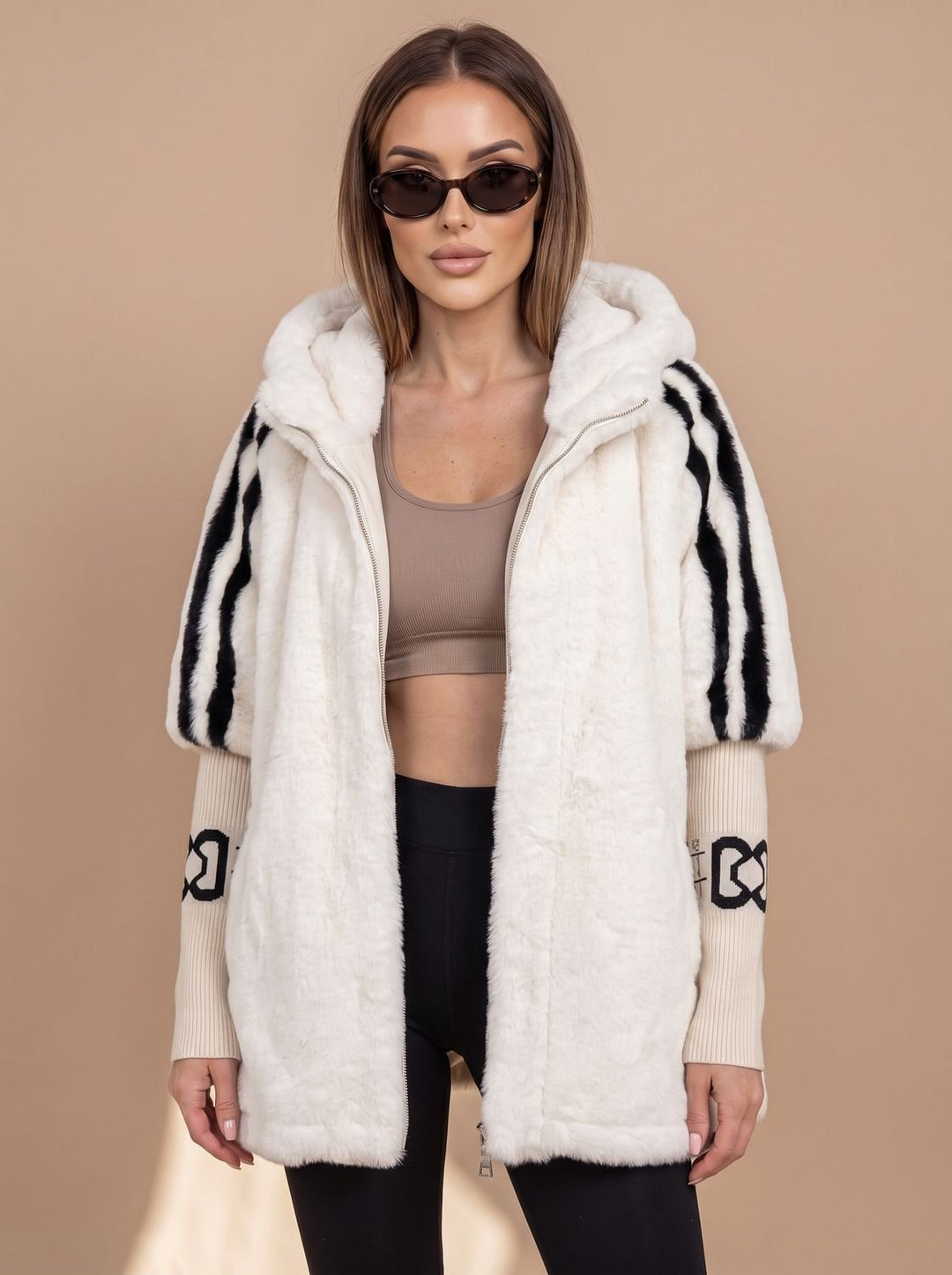 Dames Imitatiebont Hoodie Jas met Rits en Gebreide Mouwen - Wit