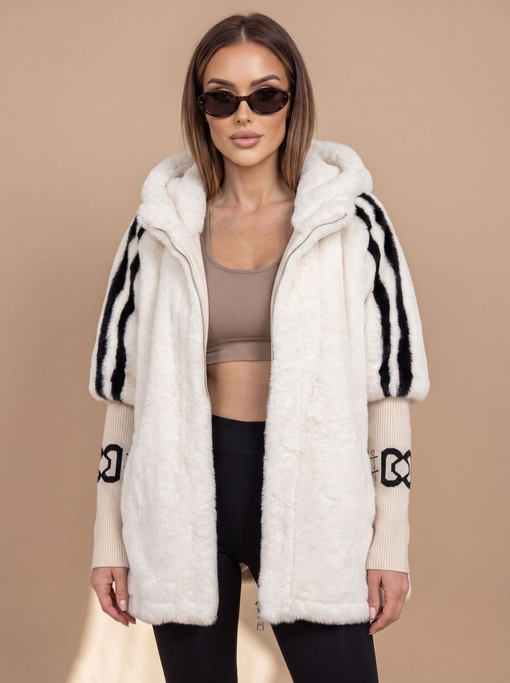 Dames Imitatiebont Hoodie Jas met Rits en Gebreide Mouwen - Wit
