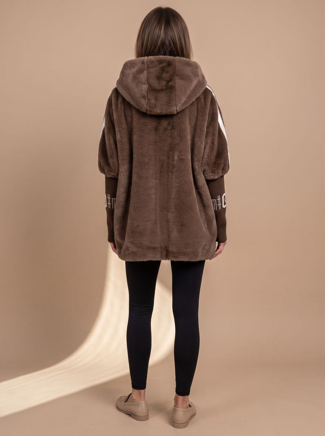 Dames Imitatiebont Hoodie Jas met Rits en Gebreide Mouwen