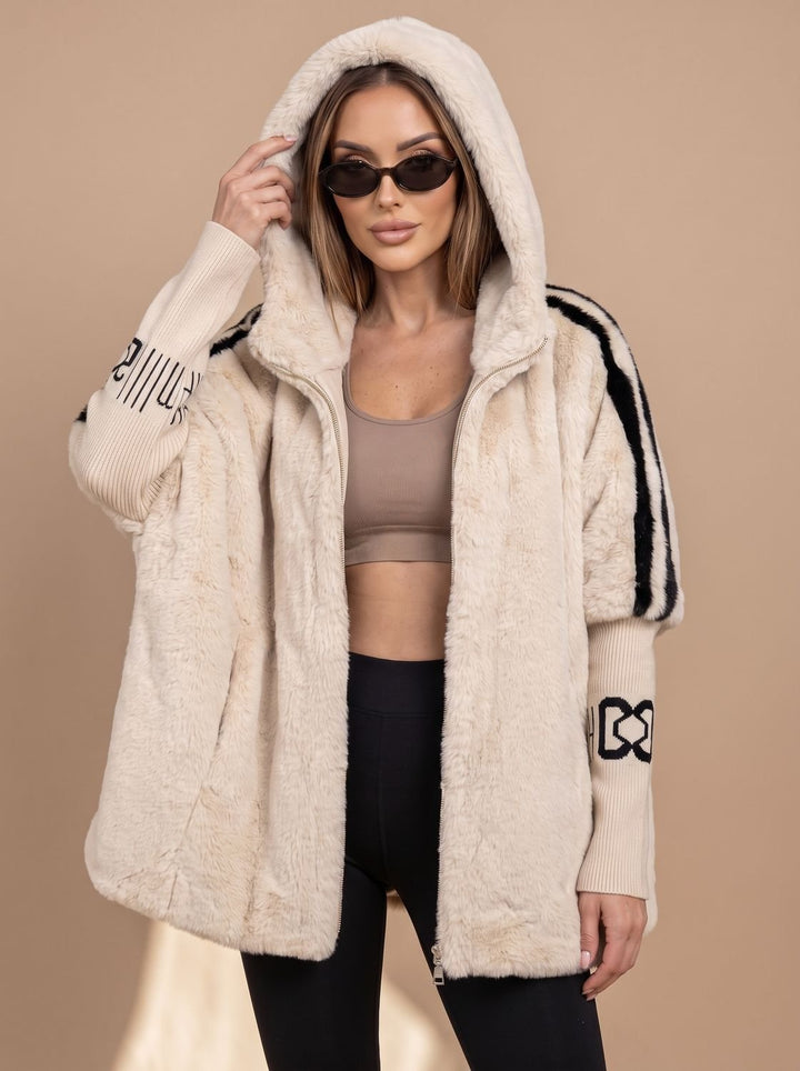 Dames Imitatiebont Hoodie Jas met Rits en Gebreide Mouwen