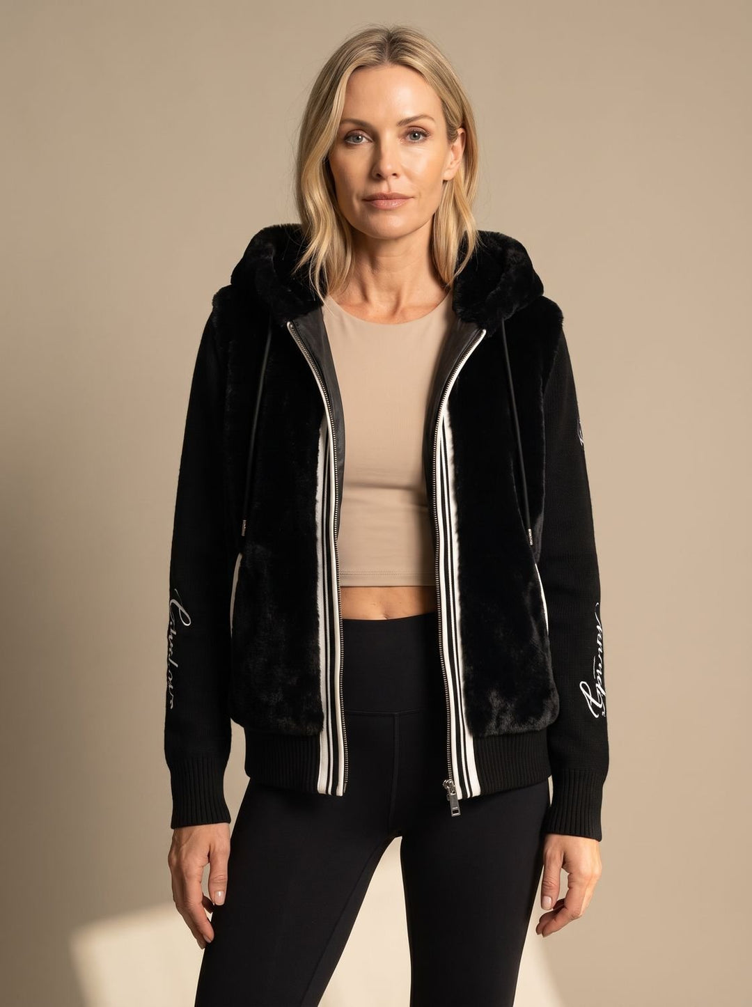 Dames Imitatiebont Hoodie Jas met Rits en Gebreide Mouwen