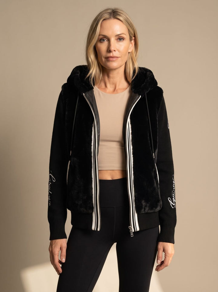 Dames Imitatiebont Hoodie Jas met Rits en Gebreide Mouwen